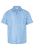 A short-sleeve button-up shirt in blue and white checkered pattern, featuring a front pocket and a logo.