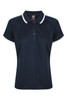 A navy blue polo shirt with a collar, featuring white trim and a logo on the chest area.