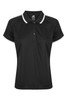 A black polo shirt featuring a collared neck and contrasting trim, designed for women. It includes a logo on the chest area.