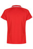 A red polo shirt featuring short sleeves and a contrasting collar, with a logo present.