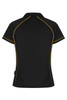 A black polo shirt with yellow piping, featuring a collar and short sleeves. It has a logo on the side.