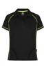 A black polo shirt with lime green trim, featuring short sleeves and a branded logo on the collar.