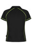 A black polo shirt with lime green piping, featuring a collar and short sleeves. It includes a logo.
