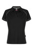 A black polo shirt featuring contrasting piping and a logo. Designed for women's wear with a classic fit.