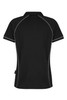 A black polo shirt featuring contrast piping along the seams and a logo on the lower side.