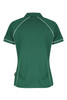 A green polo shirt featuring white piping, designed for women. It has a collar and short sleeves.