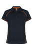 A navy polo shirt with contrasting orange piping and a collar. It features a logo on the chest area.