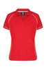 A red polo shirt featuring white piping and a collar, designed for women, with a logo on the tag.