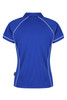 A blue polo shirt with white piping and a logo on the side. The design features a classic collar and short sleeves.