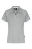 A light grey polo shirt with contrasting white piping and a logo on the collar.