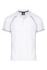 A white polo shirt featuring black piping and a logo at the collar. Short-sleeved design.