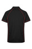 A black polo shirt featuring red piping and a logo branding on the back.