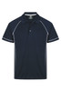 A navy polo shirt with white piping and a logo on the chest. Short sleeves and a classic collar design.