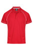 A vibrant red polo shirt with white piping and a collar, featuring a logo on the upper portion.