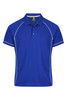 A blue polo shirt with contrasting white piping and a logo on the chest. Short sleeves and a classic collar design.
