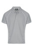 A grey polo shirt with white piping and a collar, featuring a logo on the chest area.
