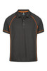 A dark green polo shirt with orange piping and a collar. The shirt features a logo on the chest.