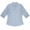A blue and white checkered button-up shirt with 3/4 sleeves and a collar, featuring a logo.