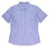 A short-sleeve button-up shirt in blue and white checkered pattern, featuring a classic collar and a fitted design.