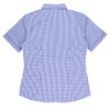 A short-sleeved button-up shirt in blue and white checkered pattern with a collar and rear view. Features a logo.