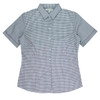 A short-sleeve button-up shirt in a blue and white gingham pattern with a collar and a branded logo.