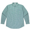 A long-sleeve button-up shirt featuring a green and white checked pattern, with a collar and a chest pocket.
