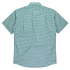 A short sleeve button-up shirt in a green check pattern, featuring a logo on the back.