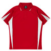 A red polo shirt with white accents, featuring a collar and three buttons, and a logo located at the neck.