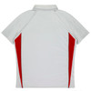A white polo shirt with red side panels and a collar, featuring a logo on the back.