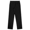 A pair of black flat front men's pants with a straight leg and two back pockets. Features a logo on the waistband.