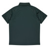 A dark green polo shirt with a short sleeve and a classic collar, featuring a branding logo.