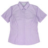 A short-sleeve button-up shirt in light purple with a fitted design and a collar. Features a branding logo.
