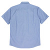 A short sleeve button-up shirt in light blue, featuring a back yoke and an unspecified logo.