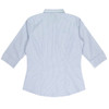 A light blue and white striped button-up shirt with 3/4 sleeves and a collar. The shirt features a logo.