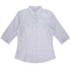 A light blue and white striped button-up shirt with 3/4 sleeves and a collar. It features a logo on the chest.