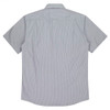 A short-sleeve button-up shirt featuring a blue and white striped pattern, with a collar and a logo detail.