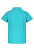 A turquoise polo shirt for kids with a classic collar and short sleeves, featuring a logo.