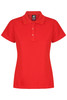 A red polo shirt with a collared neckline and short sleeves, featuring a logo on the label.