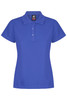A women’s polo shirt in a vibrant blue colour with a classic collar and three-button placket. It features a logo.