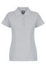 A light grey polo shirt with a collar and three buttons, featuring a logo on the tag.