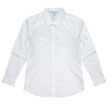 A long sleeve button-up shirt in white, featuring a collar and a branded logo.