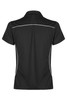 A black polo shirt featuring white accent piping and a collar. It has a logo on the garment.