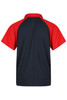A red and navy polo shirt with a mesh design and a branding logo on the back.