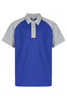 A blue polo shirt with grey sleeves and a collar. Features buttons and has a logo.