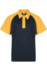 A navy and yellow polo shirt with a collar and short sleeves, featuring a logo on the chest.