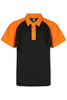 A black polo shirt with orange sleeves and a three-button placket. It features a logo on the interior label.