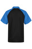 A black and blue polo shirt featuring a short-sleeve design and a branded logo.