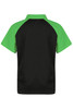 A black polo shirt with green sleeves and a logo on the back.