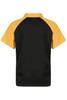 A black and yellow polo shirt with short sleeves and a collar, featuring contrasting shoulder panels and a logo.