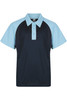 A polo shirt featuring a navy body and light blue sleeves, complete with a collar and buttons.